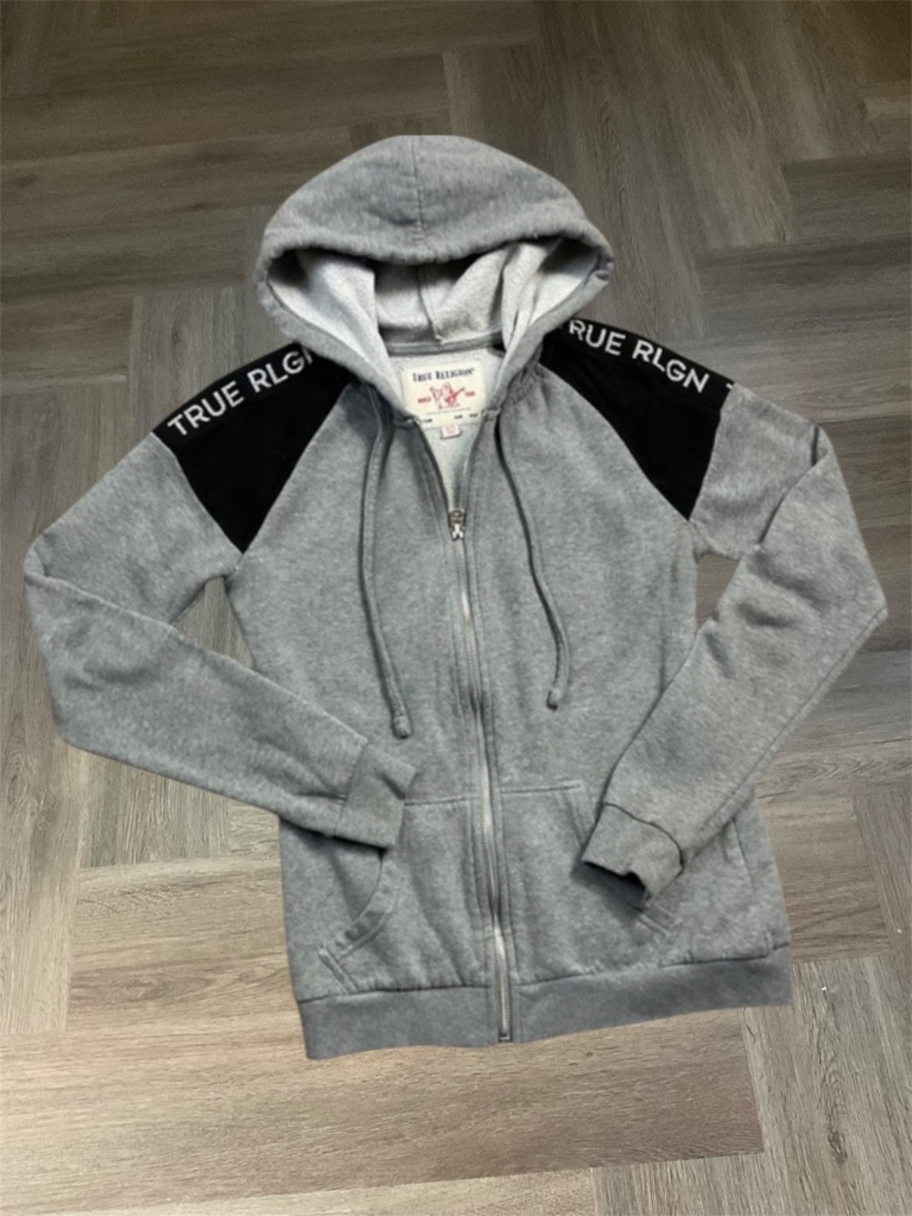 Y2K True Religion Graphic Logo Zip Up Hoodie Womens XS Gray Black Retro Casual